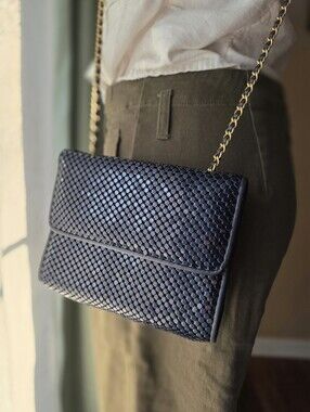 Whiting Davis Vintage Navy Blue Metal Mesh Crossbody Purse Gold Chain Mirror